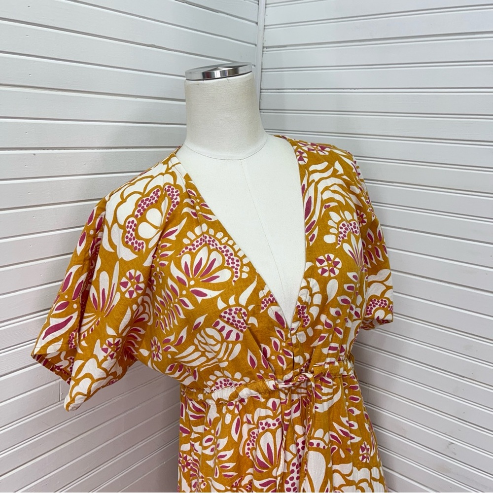 Omika Sohalia Gold Block Print Linen Blend Maxi Dress in Mustard - Picture 6 of 8